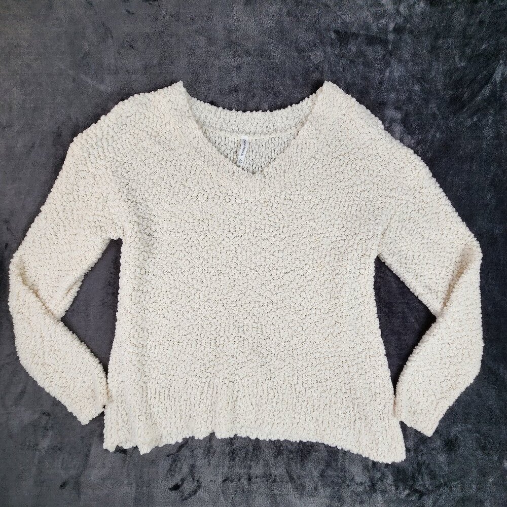 Zenana Premium Women's V Neck Popcorn Sweater Size 2X Cream Ivory White